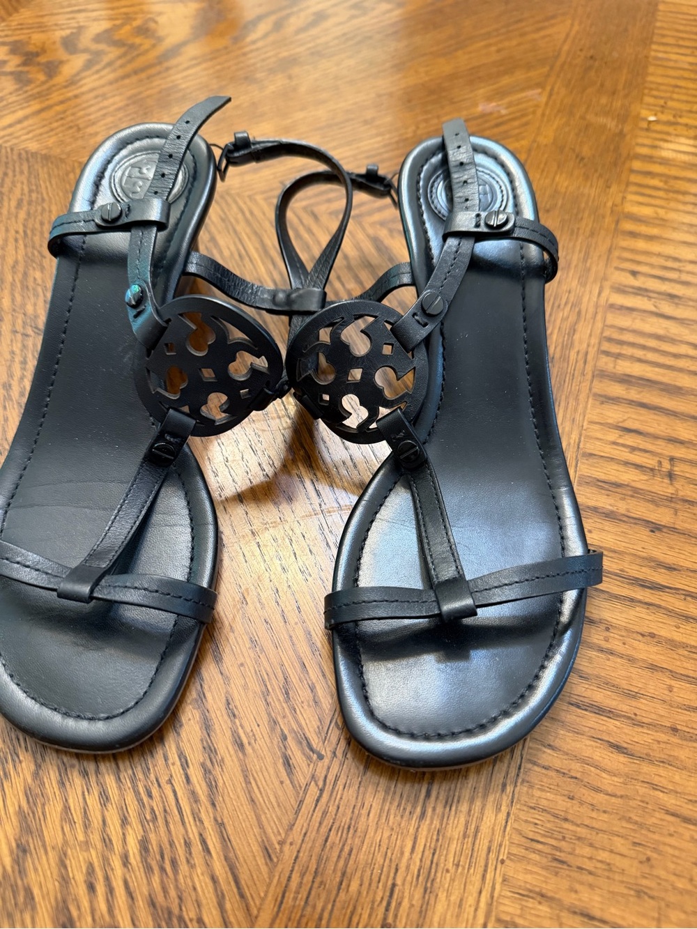 Black Leather Tory Burch Women's Logo Cutout T-Strap Sandals